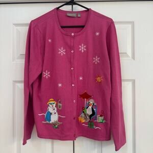 Croft & Barrow Women’s Pink Winter Holiday Button Down Sweater Cardigan Size PXL